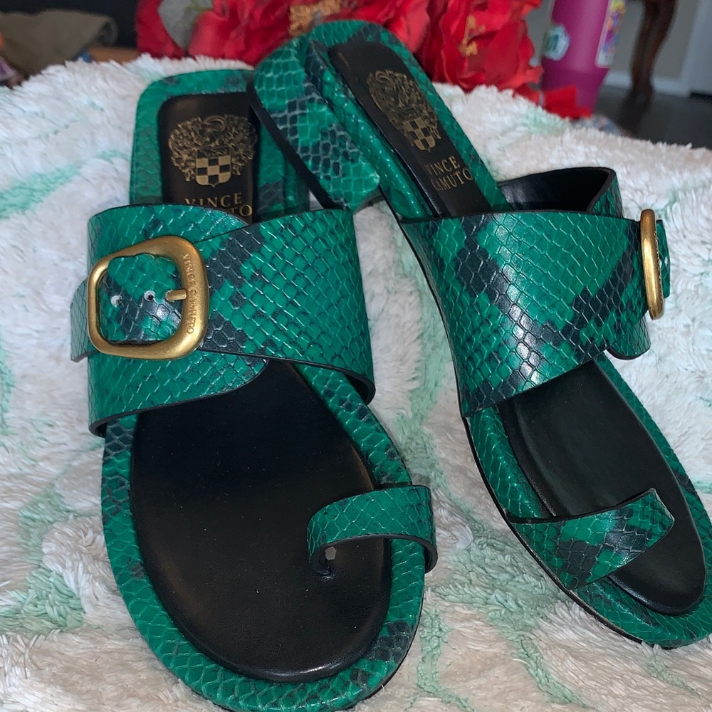 Vince Camuto Green Snake Print Sandals with Gold Buckle